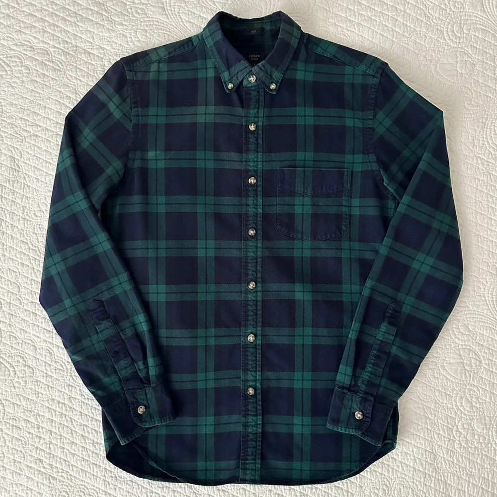 J. Crew Men's Black Watch Tartan Plaid Slim Fit Oxford Shirt Button Down S
